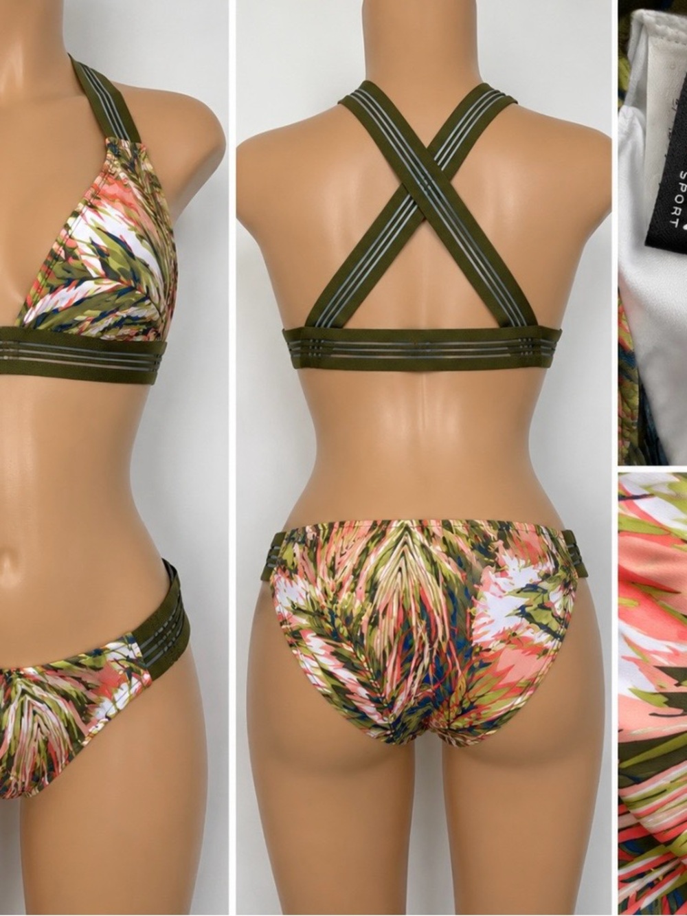 Jantzen Sport Tropical Print Bikini Set Olive Green Trim Size Large